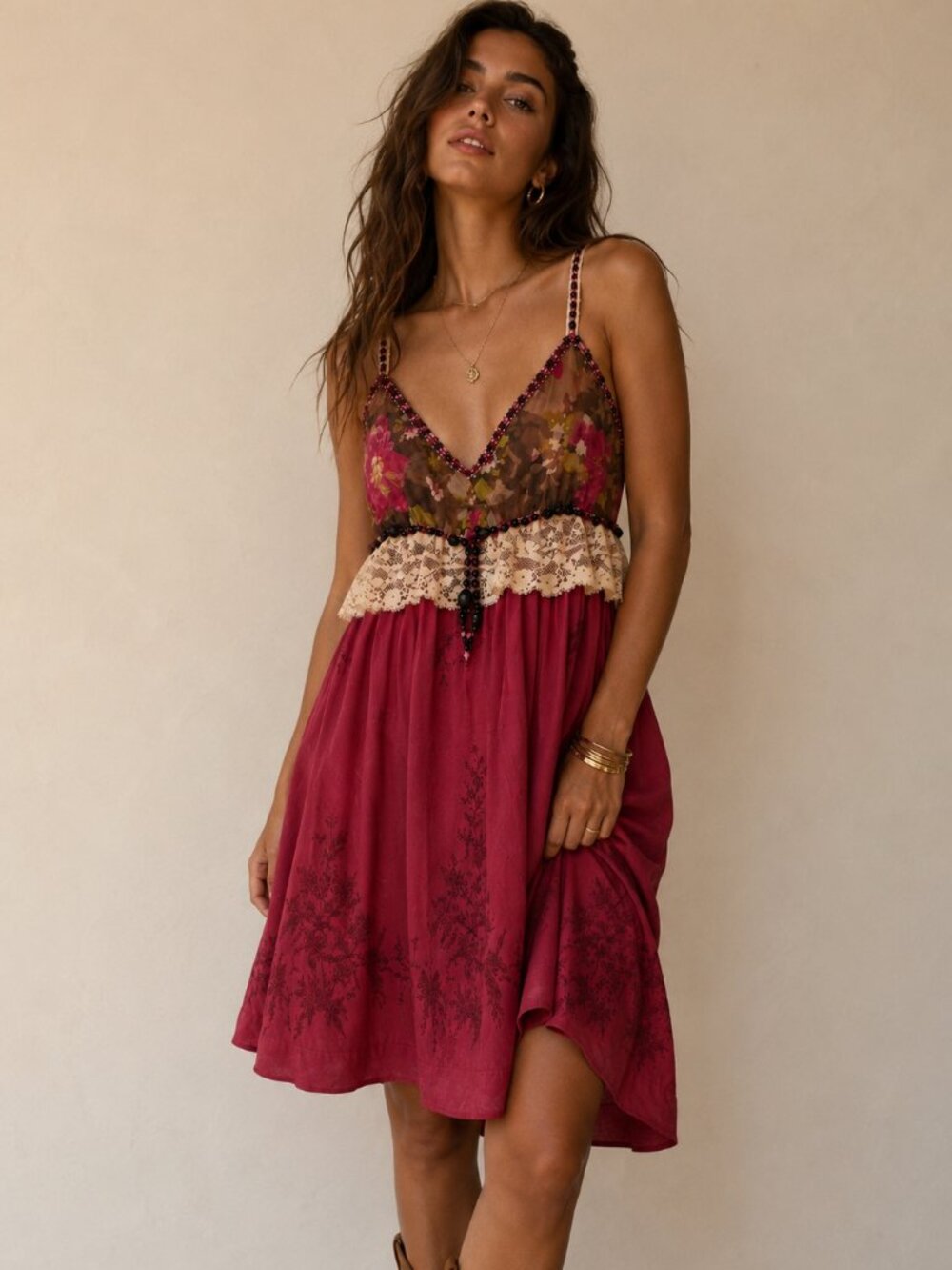 Free People Boho Silk Floral Babydoll Dress Embroidered Lace Beaded Empire